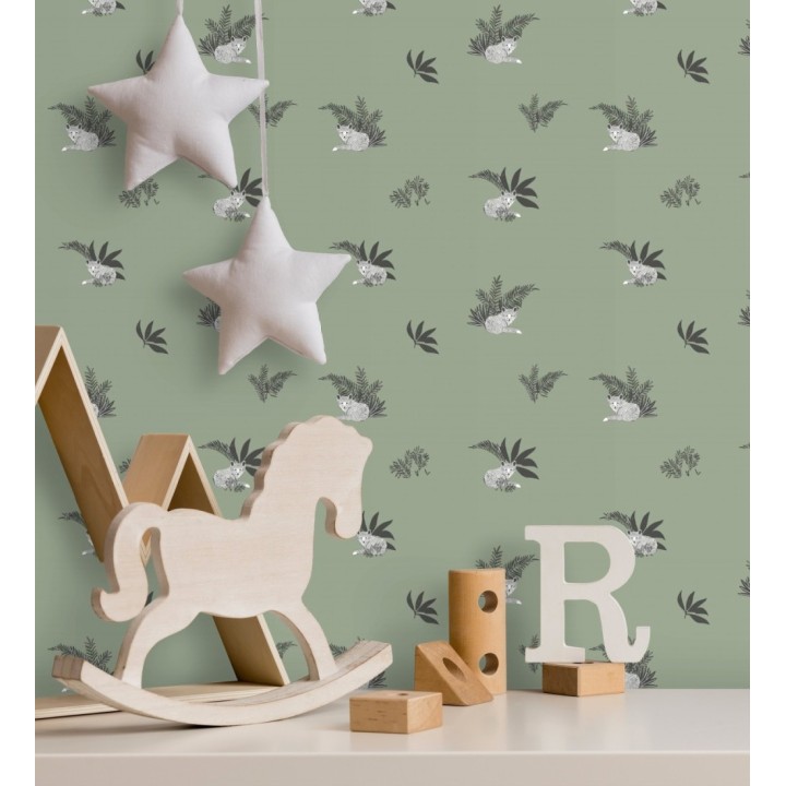 Papel pintado de animales zorros fondo verde - Loritz 128510