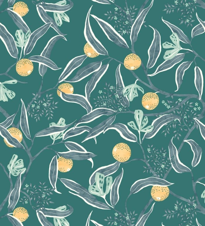 Papel pintado de frutas amarillos fondo turquesa - Natarin 128527