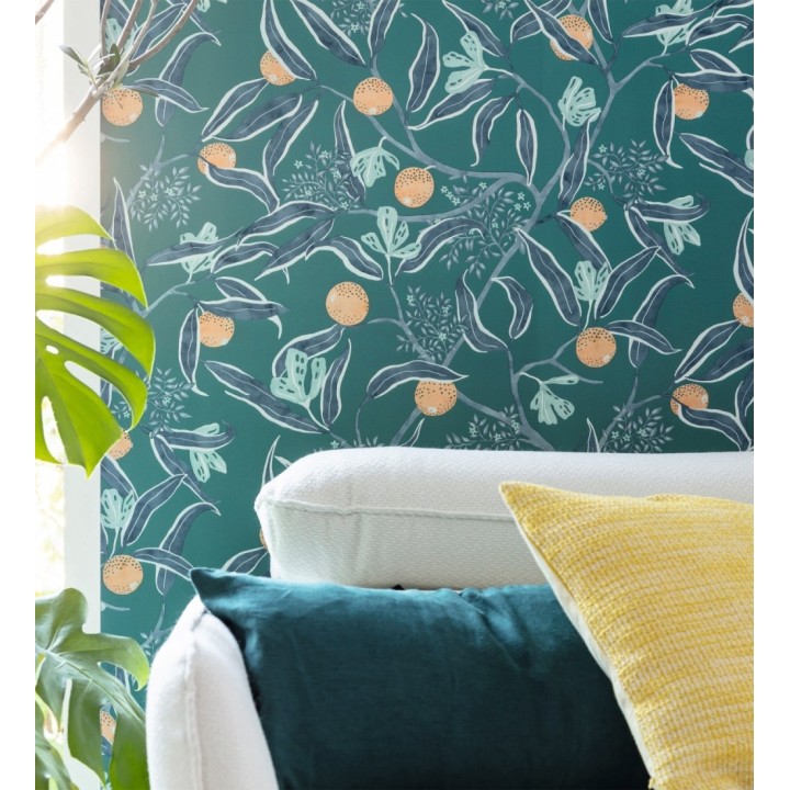 Papel pintado de frutas amarillos fondo turquesa - Natarin 128527