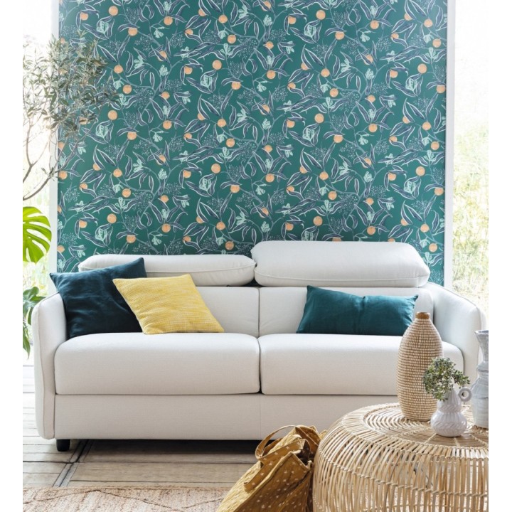 Papel pintado de frutas amarillos fondo turquesa - Natarin 128527