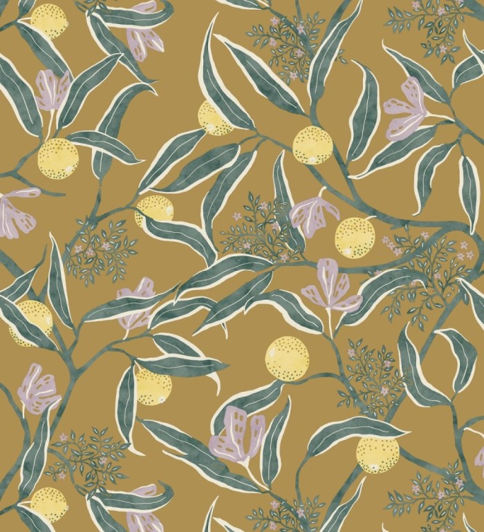 Papel pintado de frutas amarillas y fondo ocre - Natarin 128529