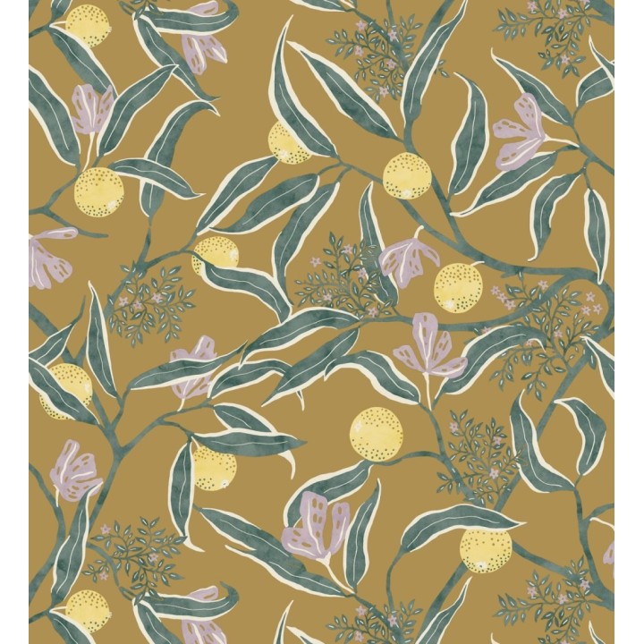 Papel pintado de frutas amarillas y fondo ocre - Natarin 128529