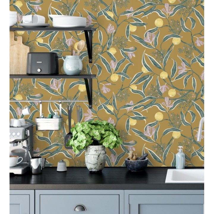 Papel pintado de frutas amarillas y fondo ocre - Natarin 128529