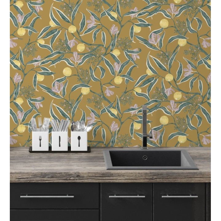 Papel pintado de frutas amarillas y fondo ocre - Natarin 128529