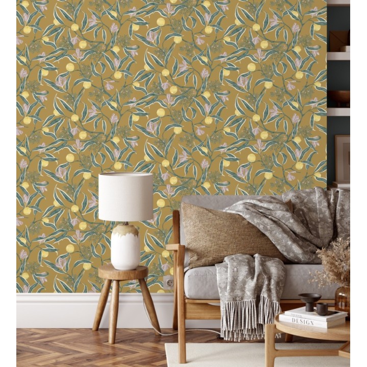 Papel pintado de frutas amarillas y fondo ocre - Natarin 128529