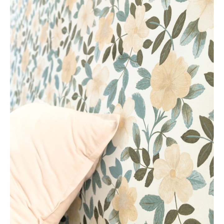 Papel pintado de flores y hojas con textura efecto textil - Maitane 128531