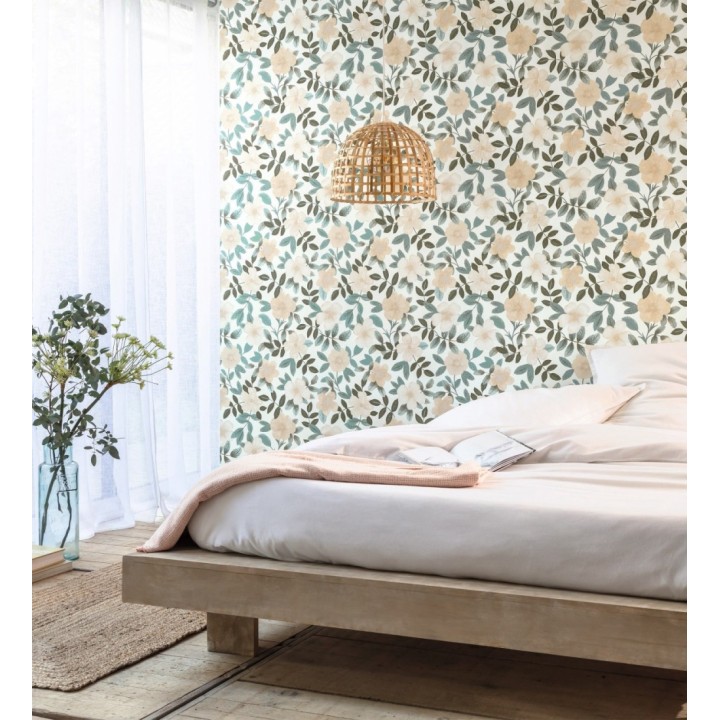 Papel pintado de flores y hojas con textura efecto textil - Maitane 128531