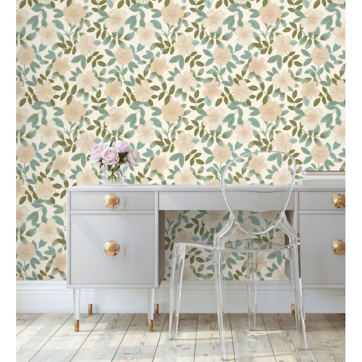 Papel pintado de flores y hojas con textura efecto textil - Maitane 128531