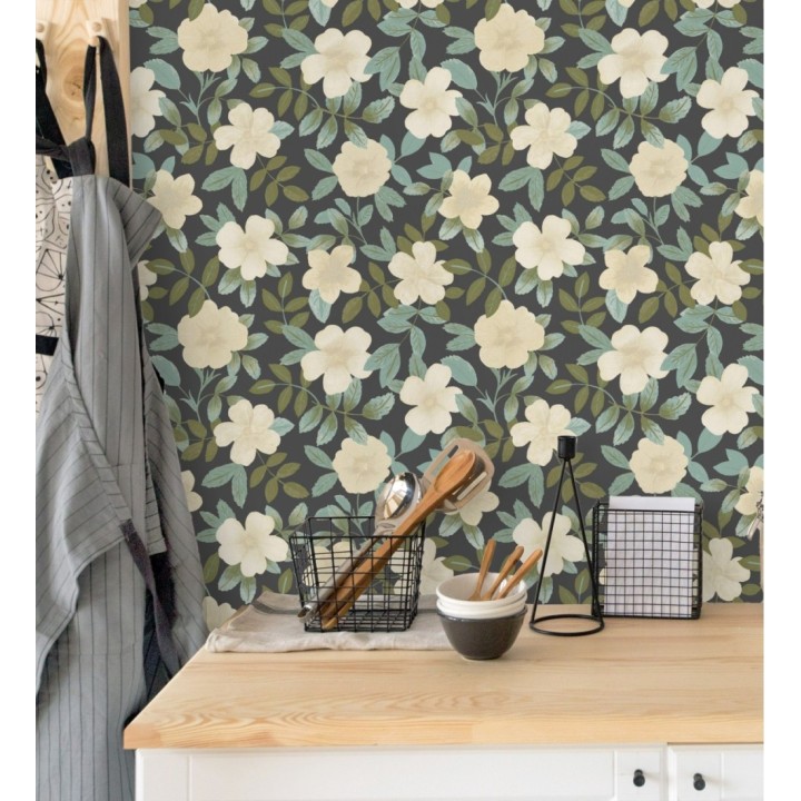 Papel pintado de flores y hojas con textura efecto textil - Maitane 128532