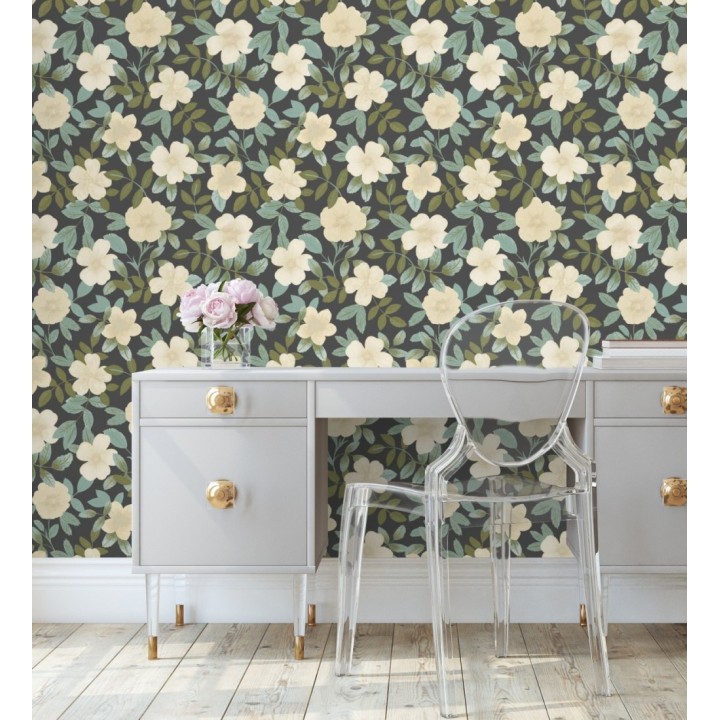 Papel pintado de flores y hojas con textura efecto textil - Maitane 128532