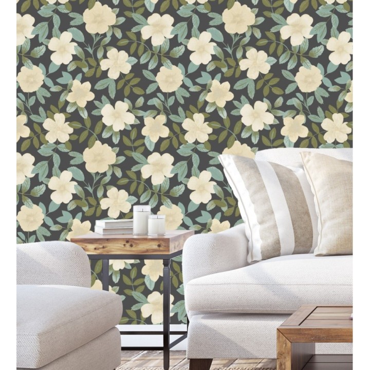 Papel pintado de flores y hojas con textura efecto textil - Maitane 128532