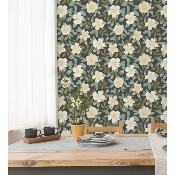 Papel pintado de flores y hojas con textura efecto textil - Maitane 128532