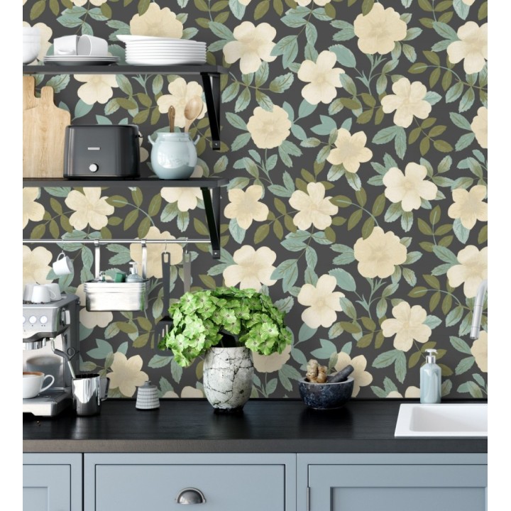 Papel pintado de flores y hojas con textura efecto textil - Maitane 128532