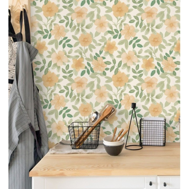 Papel pintado de flores y hojas con textura efecto textil - Maitane 128533