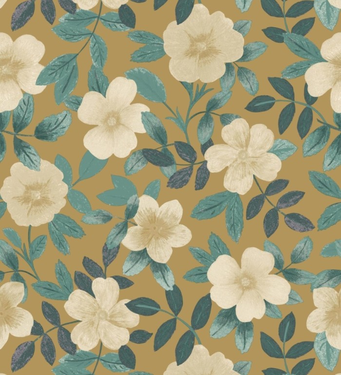 Papel pintado de flores y hojas con textura efecto textil - Maitane 128534