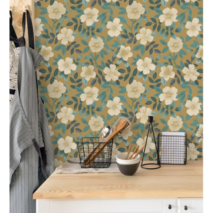 Papel pintado de flores y hojas con textura efecto textil - Maitane 128534