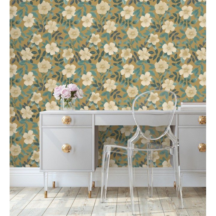 Papel pintado de flores y hojas con textura efecto textil - Maitane 128534