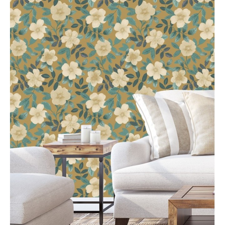 Papel pintado de flores y hojas con textura efecto textil - Maitane 128534