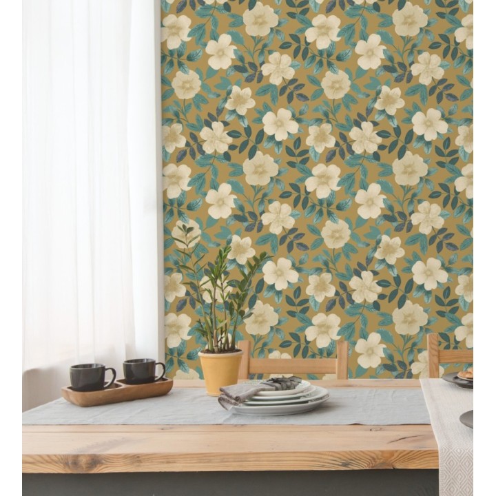 Papel pintado de flores y hojas con textura efecto textil - Maitane 128534