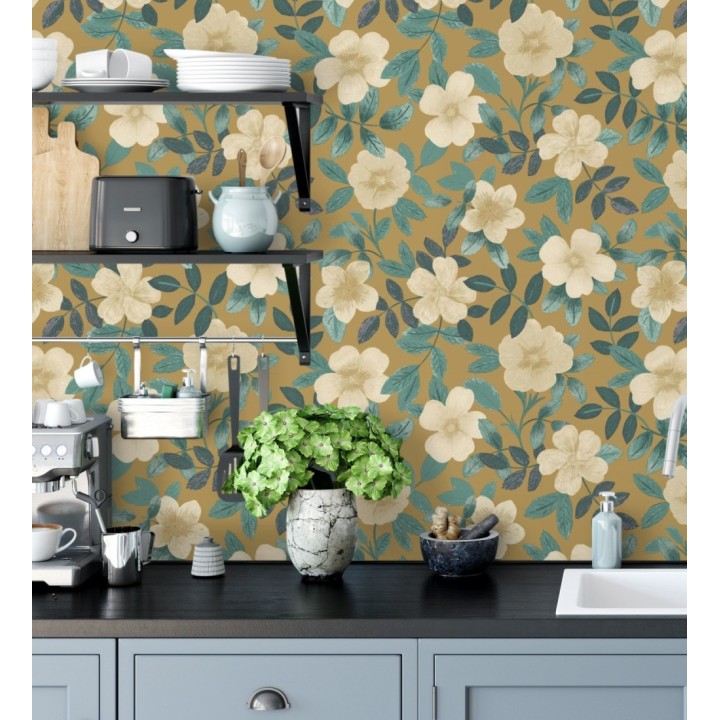 Papel pintado de flores y hojas con textura efecto textil - Maitane 128534