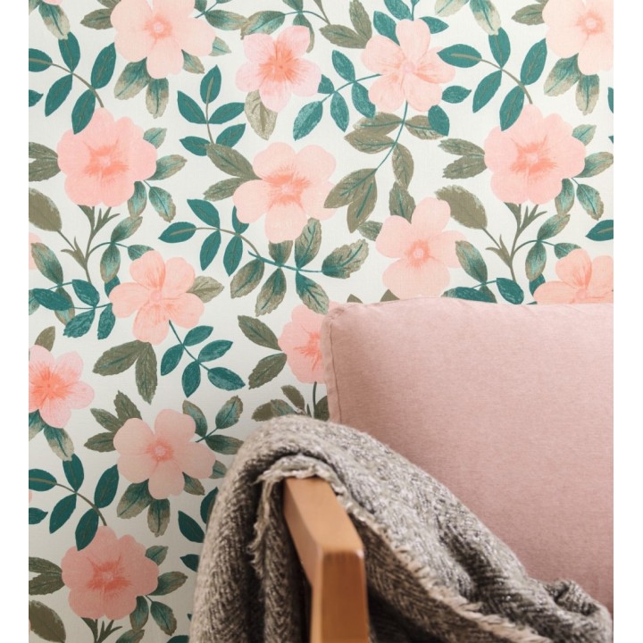 Papel pintado de flores y hojas con textura efecto textil - Maitane 128535