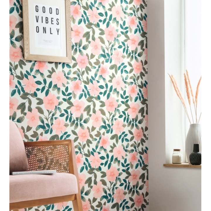 Papel pintado de flores y hojas con textura efecto textil - Maitane 128535