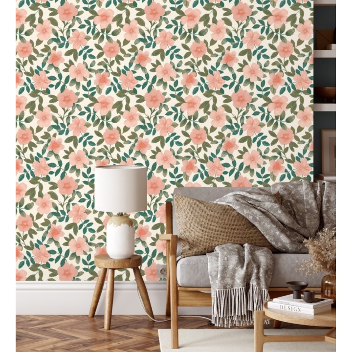 Papel pintado de flores y hojas con textura efecto textil - Maitane 128535