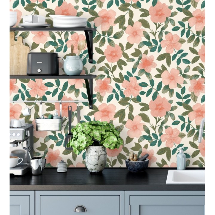 Papel pintado de flores y hojas con textura efecto textil - Maitane 128535