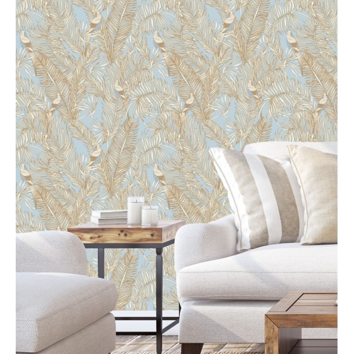 Papel pintado ave del paraíso fondo celeste estilo tropical - Zambala Birds 128552
