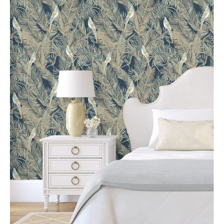 Papel pintado ave del paraíso fondo azul estilo tropical - Zambala Birds 128553
