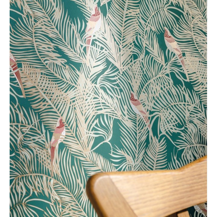 Papel pintado ave del paraíso fondo verde estilo tropical - Zambala Birds 128555