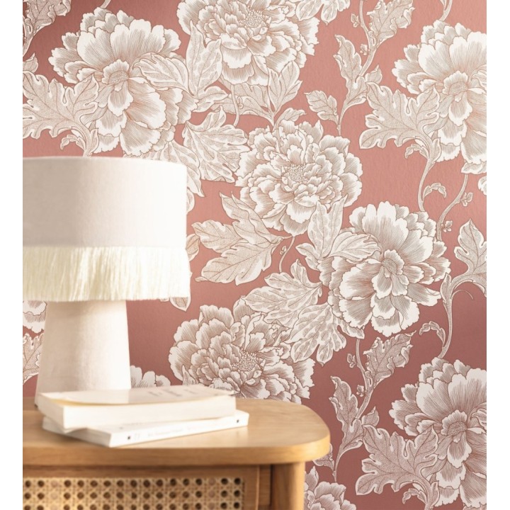 Papel pintado de flores cretonas fondo rojo estilo vintage - Lahore 128558
