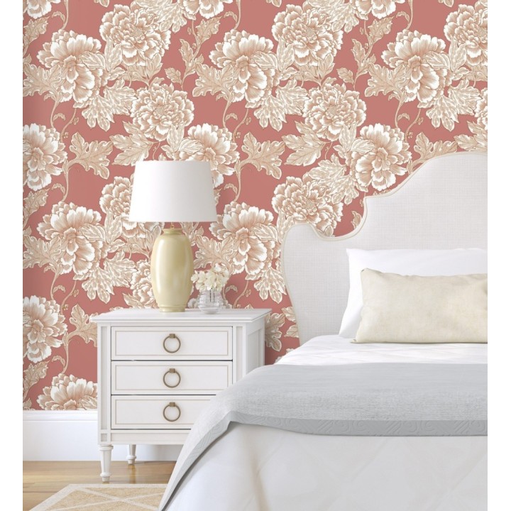 Papel pintado de flores cretonas fondo rojo estilo vintage - Lahore 128558