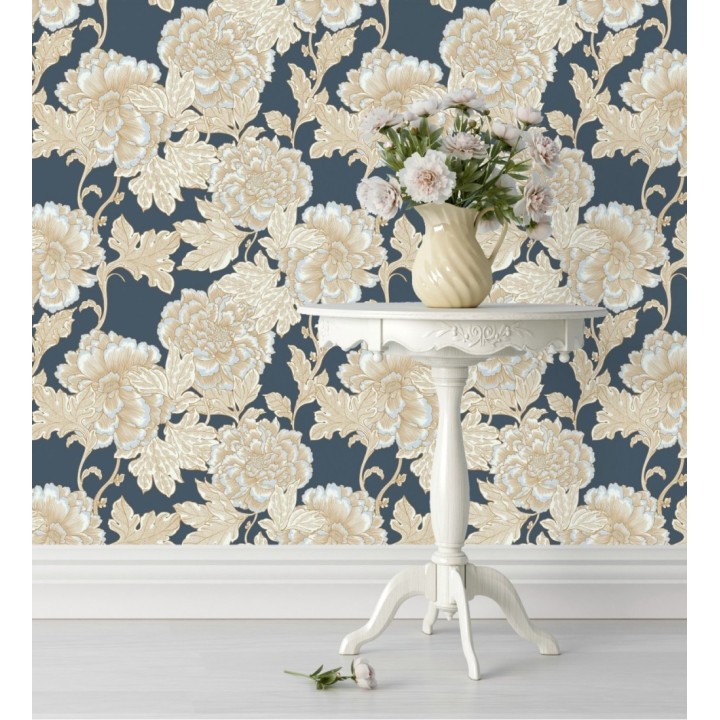 Papel pintado de flores cretonas fondo azul estilo vintage - Lahore 128559