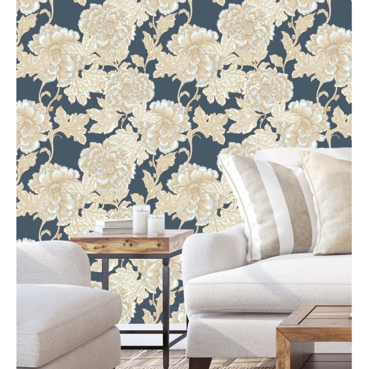 Papel pintado de flores cretonas fondo azul estilo vintage - Lahore 128559
