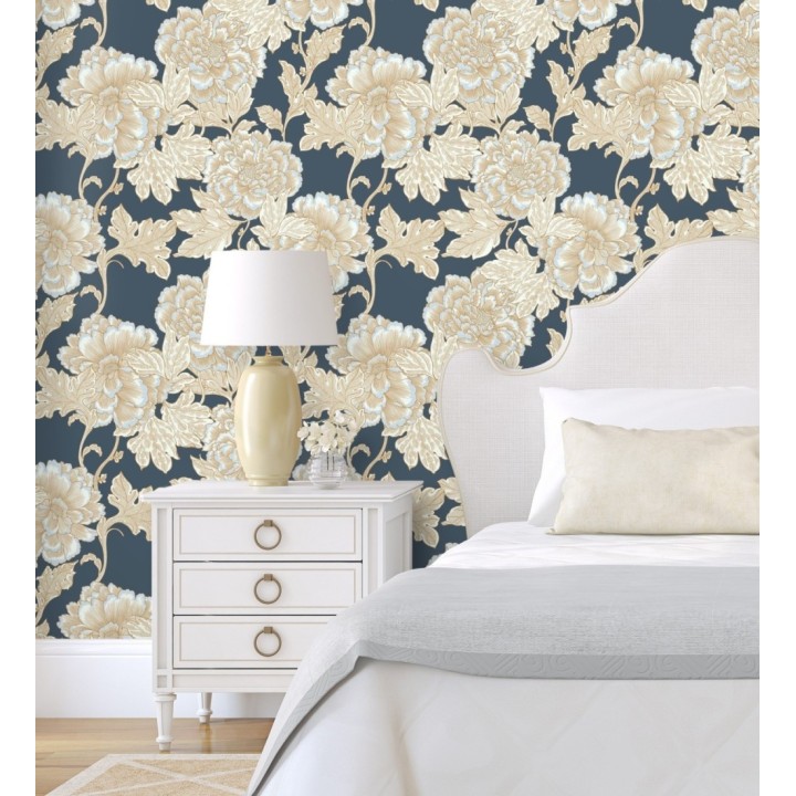 Papel pintado de flores cretonas fondo azul estilo vintage - Lahore 128559