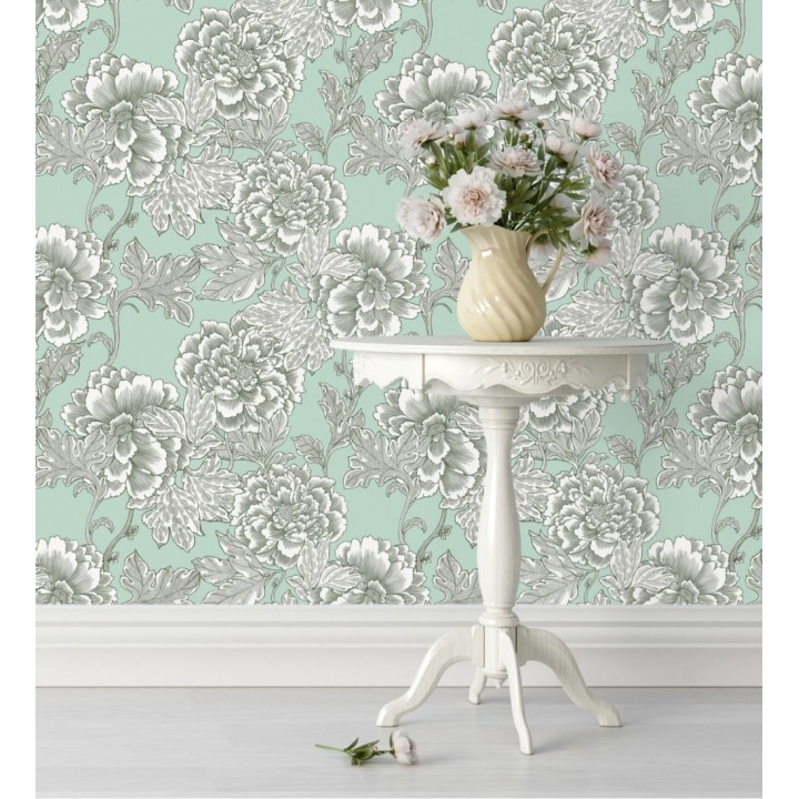 Papel pintado de flores cretonas fondo verde estilo vintage - Lahore 128560