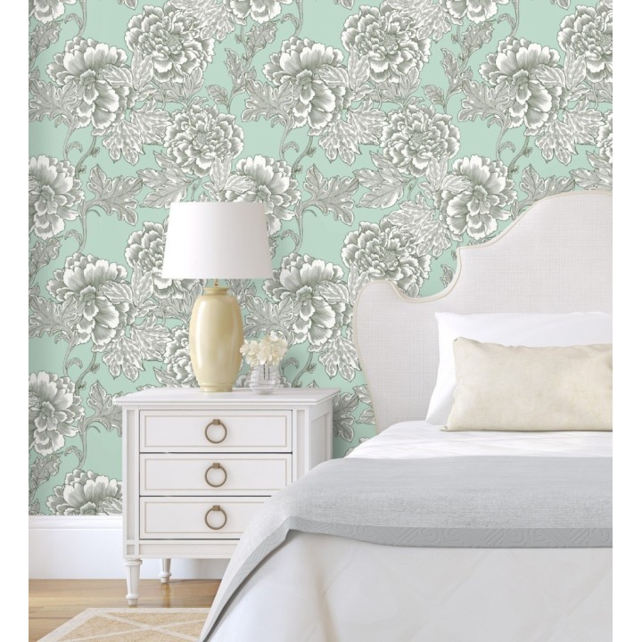 Papel pintado de flores cretonas fondo verde estilo vintage - Lahore 128560