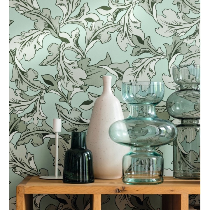 Papel pintado de hojas verdes estilo neobarroco - Corentina 128568