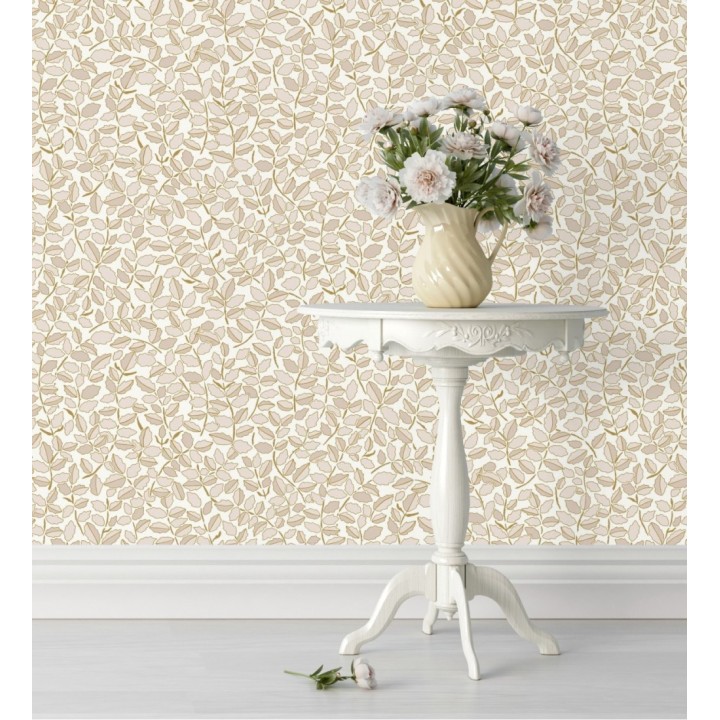 Papel pintado de hojas pequeñas con efectos dorados estilo nórdico - Laraine 128569