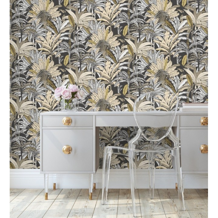 Papel pintado selva tropical con efectos dorados - Sarabi 128574