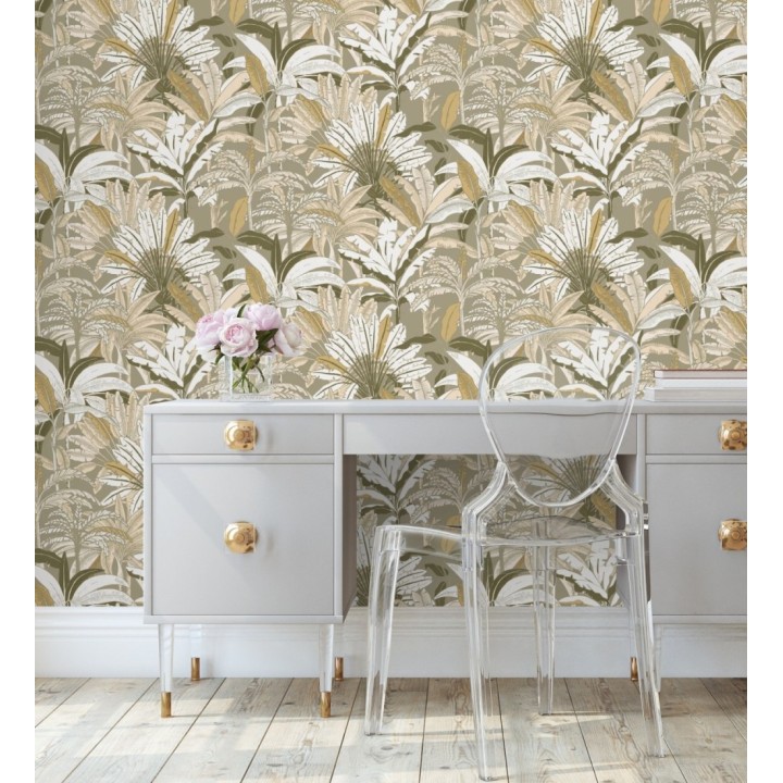 Papel pintado selva tropical con efectos dorados - Sarabi 128577