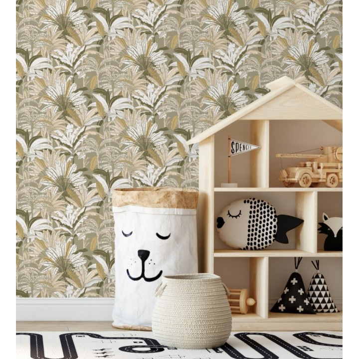 Papel pintado selva tropical con efectos dorados - Sarabi 128577