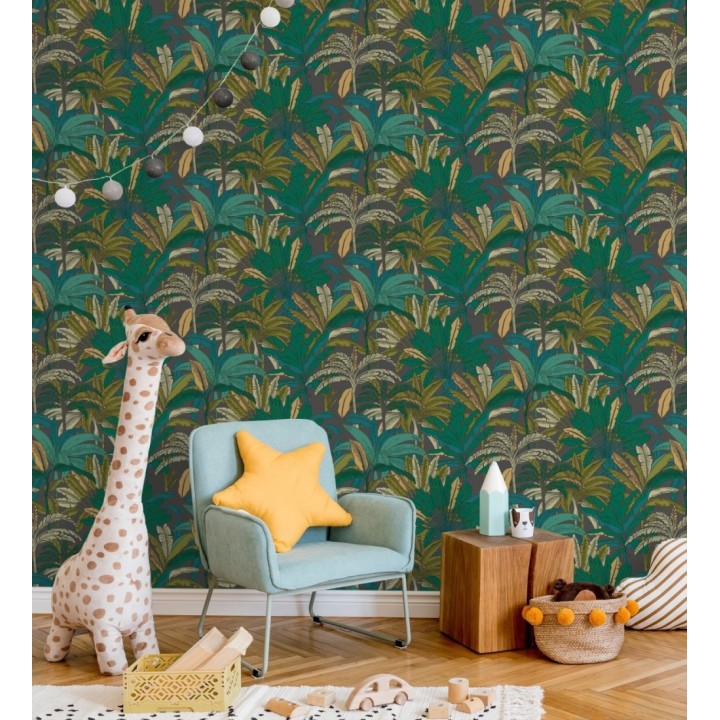 Papel pintado selva tropical con efectos dorados - Sarabi 128580