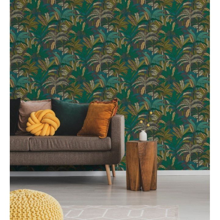 Papel pintado selva tropical con efectos dorados - Sarabi 128580