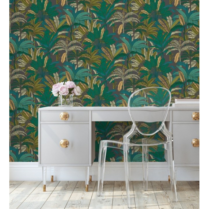 Papel pintado selva tropical con efectos dorados - Sarabi 128580