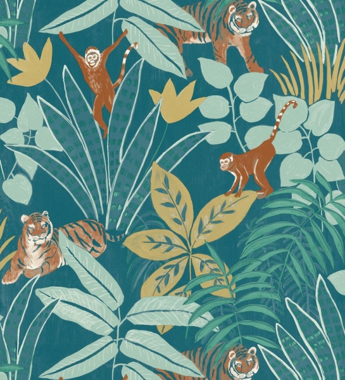 Papel pintado de monos y tigres en selva tropical - Rahma 128582