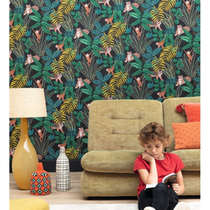 Papel pintado de monos y tigres en selva tropical - Rahma 128586