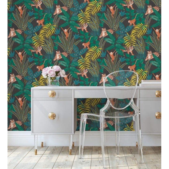 Papel pintado de monos y tigres en selva tropical - Rahma 128586