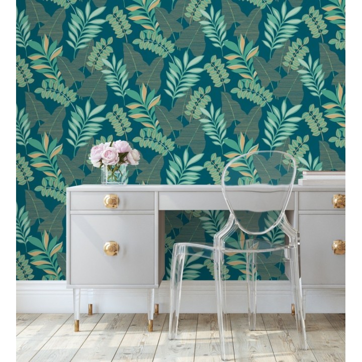 Papel pintado de hojas grandes con efectos dorados - Dakari 128588